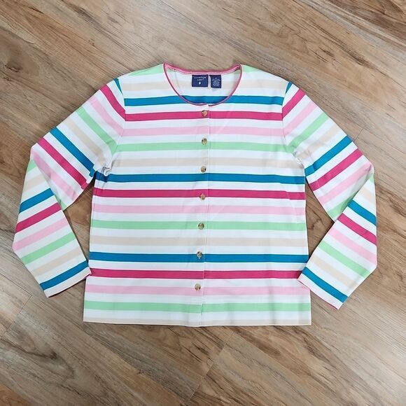 🔺️Mountain Lake White & Multicolored Stripe Button Cardigan Medium - Picture 1 of 10